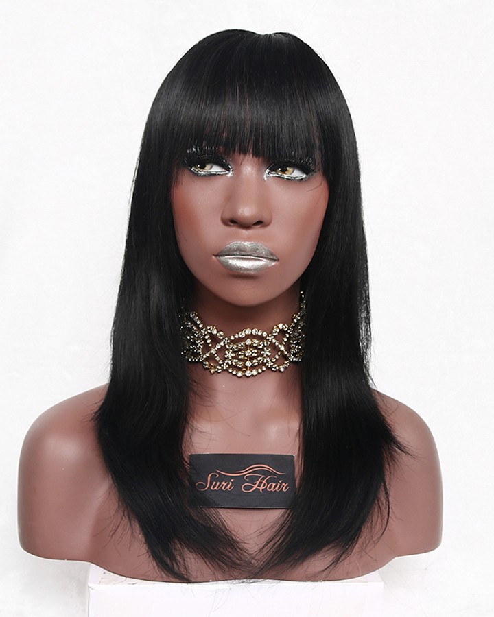 22 Female Long Straight Synthetic Wig With Bangs African American Heat Resistant Black Brown
