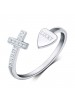 925 Sterling Silver Love Heart Cross Opening Ring For Women